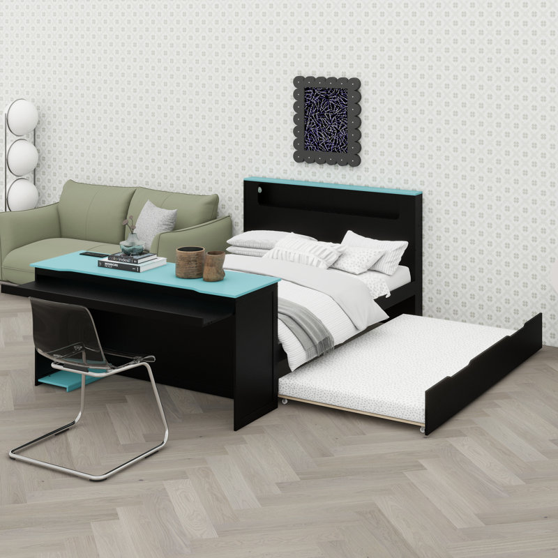 Cadre en bois avec couchette cachée, prises USB et poste de travail, Noir-bleu