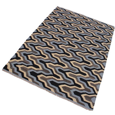 Tapis gris en laine 6 pi 1 po x 8 pi 2 po one-of-kind fait main kilim
