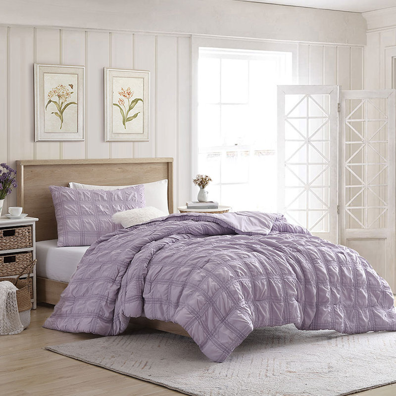 Ensemble d'édredon 3 pièces Seersucker, Édredon pour grand lit + 2 taies décoratives, Lilas
