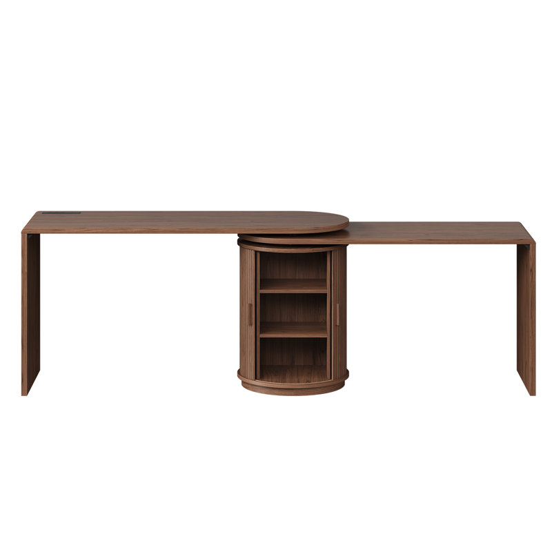 Bureau de direction rotatif en L 60 po à 360 ° avec armoire, bureau d'ordinateur en bois cannelé avec rangement caché et prise de courant