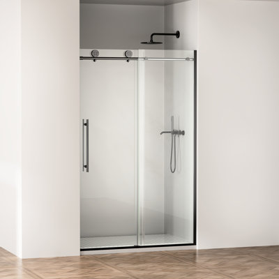 Porte de douche coulissante de 75 po de hauteur pour 44 à 48 espaces larges, verre trempé transparent de 8 mm de 5/16 po, revêtement nano double face facile à nettoyer, salles de bain noir mat, résistance à l'eau et au savon,