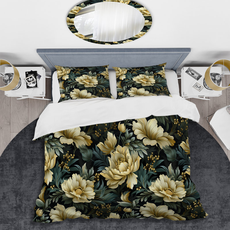 Ensemble de housse de couette Green Damask Marigold Oasis I, Housse de couette pour grand lit et 2 taies décor