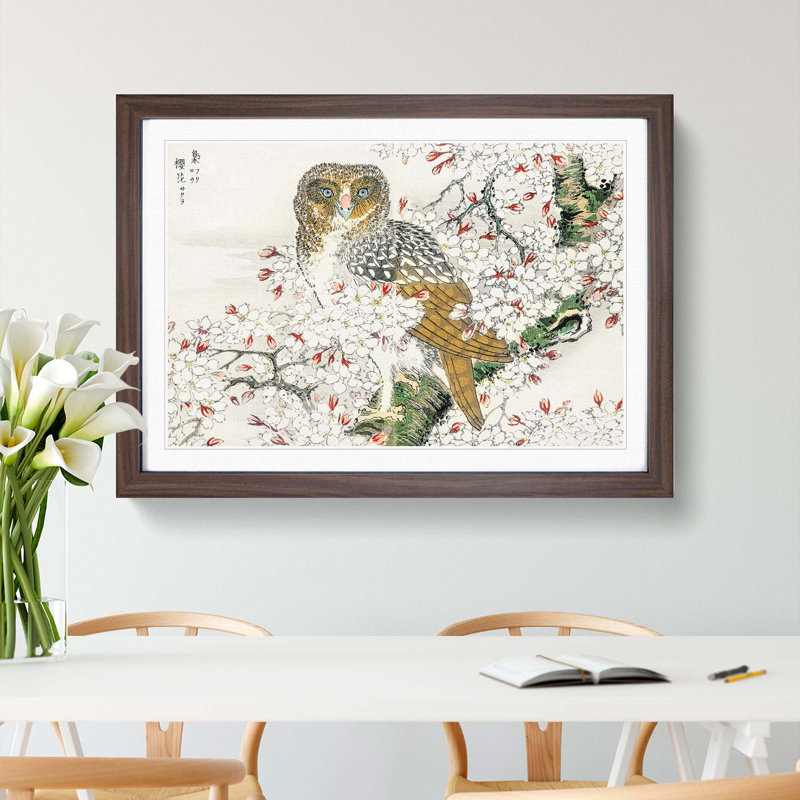 Short-Eared Owl & Cherry Flower by Numata Kashu - Picture Frame Painting Print, 50cm H x 76cm W x 2cm D, Walnut
