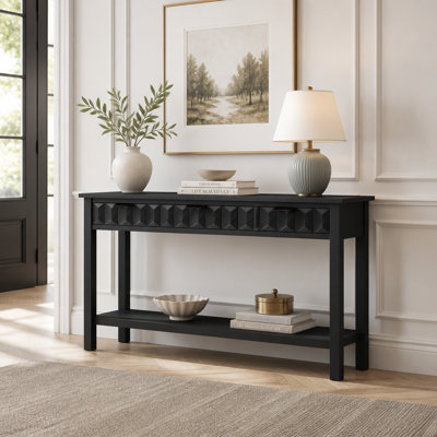 Modern Fir Veneer Console Table With Honeycomb Pattern Drawers And Open Shelf For Entryway Storage