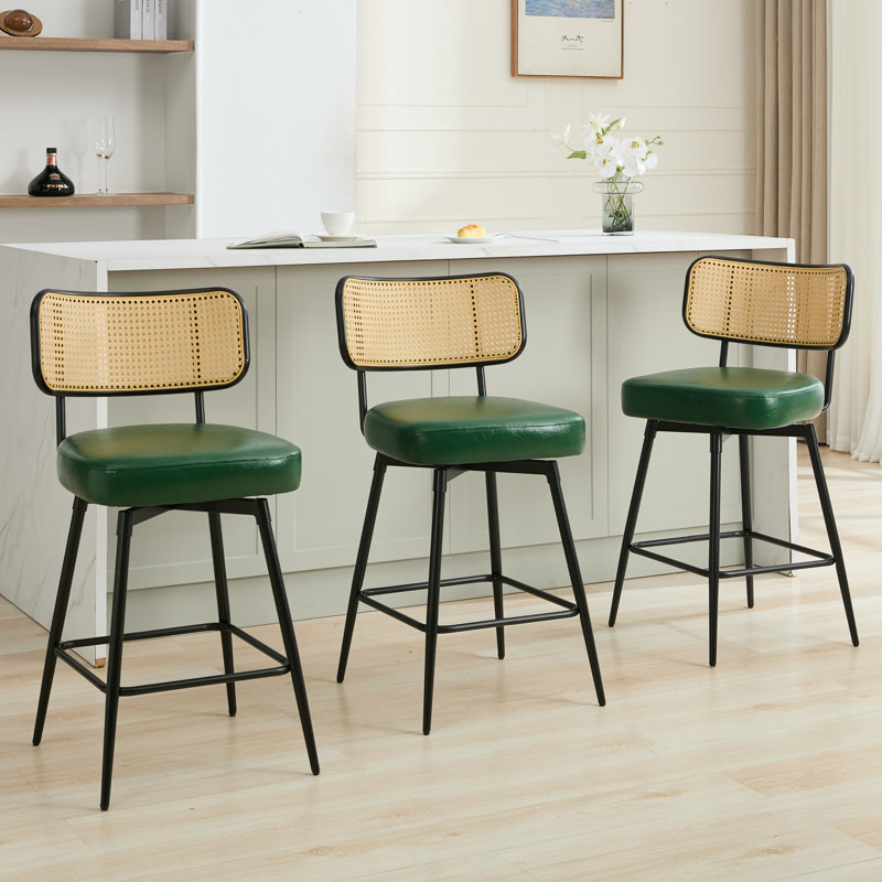 Tabourets de comptoir pivotants rembourrés avec dossier en rotin, Vert, 3