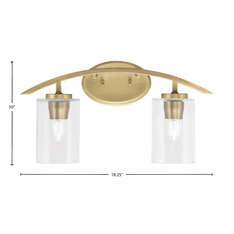 Kurve 2 Light Bath Bar Shown In New Age Brass Finish With  4" Clear Bubble Glass