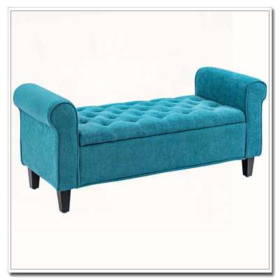 Button Tufted Upholstered Storage Ottoman Bench with Rolled Arms