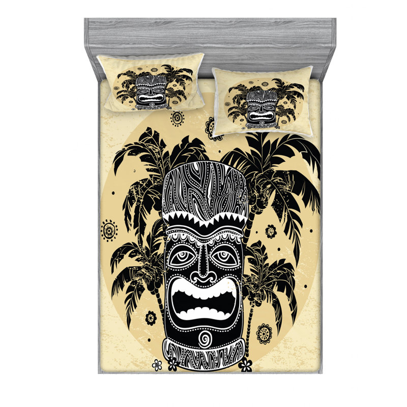Ensemble de draps Hawaii Tiki Mask Palm Trees Ornate, Ensemble de draps pour lit double avec un drap-hou