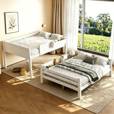 Lit superposé double avec tablettes de rangement et bibliothèque, cadre de lit en bois de pin massif avec garde-corps et échelle, cadre de lits superposés amovibles pour chambre d'enfant, chambre d'amis, convertible en 2 lits simples, aucun sommier nécessaire, blanc.