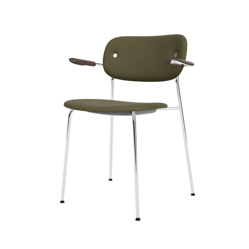 Co Upholstered Arm Chair, Dark Stained Oak, Green Leather, Chrome