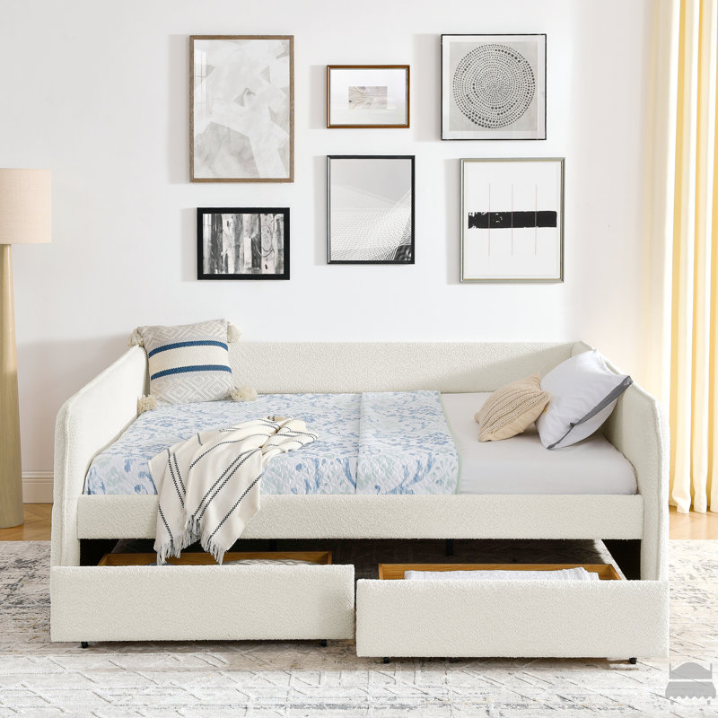 Daybed With Trundle Upholstered Tufted Sofa Bed, With Two Drawers, Queen Size, Boucle Fabric, Beige