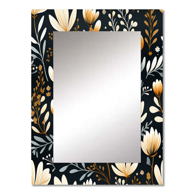 Benetta Retro Beige And Black Floral Fantasy - Floral Decorative Mirror, Floral Wall Mirror, Printed Metal Art