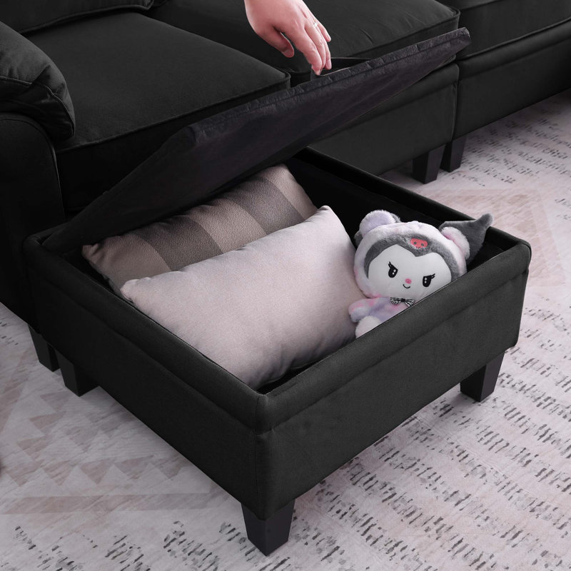 Canapé modulaire en L avec rangement sous le siège, Tissu - Noir