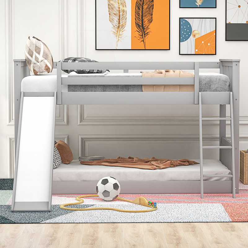 Lit superposé simple au-dessus d'un lit simple avec glissière convertible et échelle, Gris