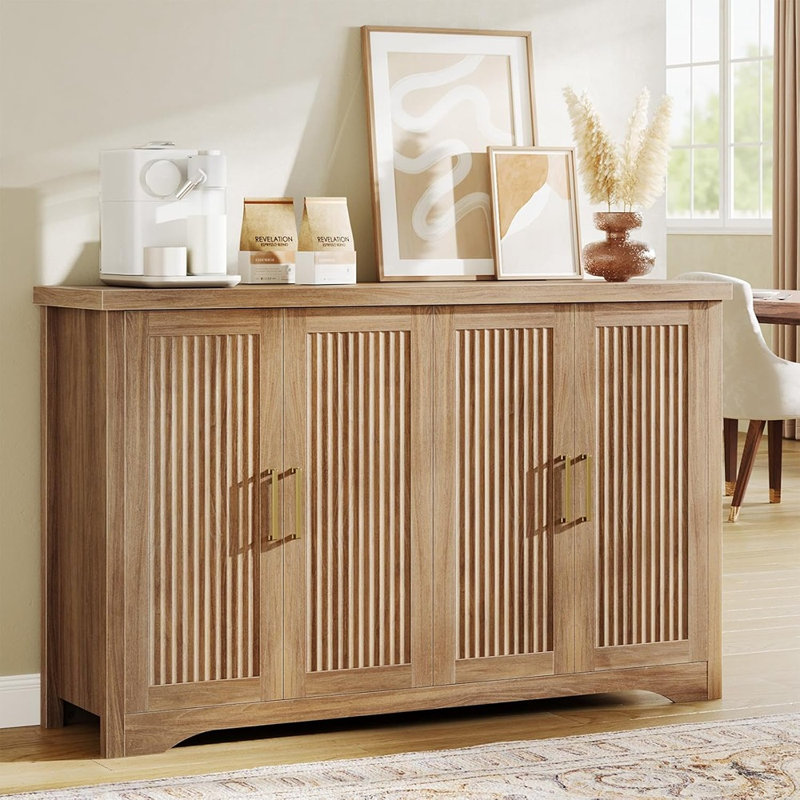 Buffet cannelé à 4 portes avec tablettes réglables - Chêne naturel
