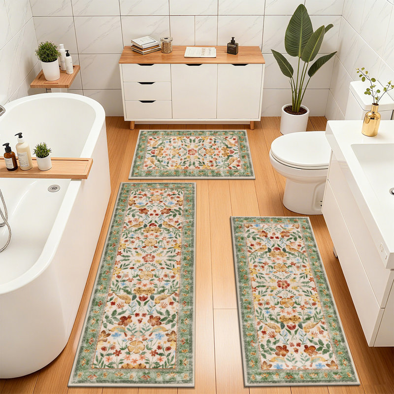 Machine Washable Non-Slip Kitchen Mat, Green/Brown
