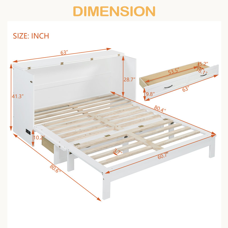 Lit escamotable avec grands tiroirs Murphy, Blanc, Grand lit