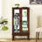 Walnut Curio Cabinet With Flexible Storage Shelves And Mirrored Back Lighted Adjustable Panel In-421196590