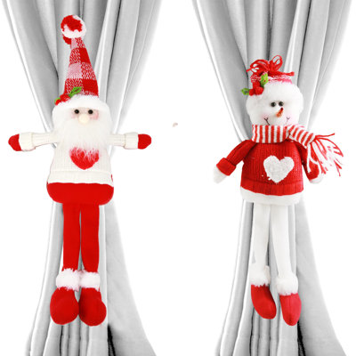2PCS Christmas Curtain Tiebacks, Santa and Snowman Fabric Curtain Holdbacks with Adjustable Hook-and-Loop Straps