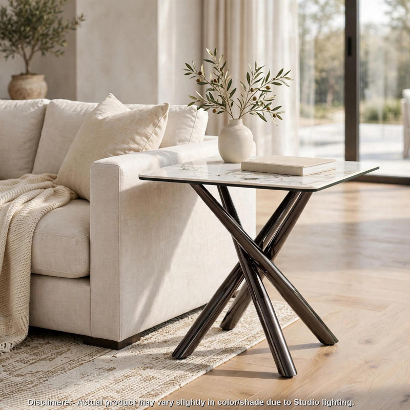 Table de bout latérale Vello, plateau en pierre frittée carrée, base en nickel noir 24 po