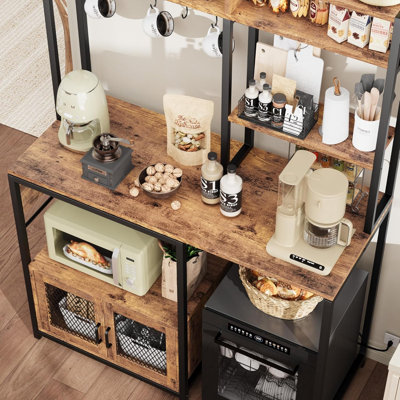 Microwave Stand with Fridge Stand, Industrial Kitchen Shelf with Power Outlet, Freestanding Kitchen Storage for Pantry Living Room