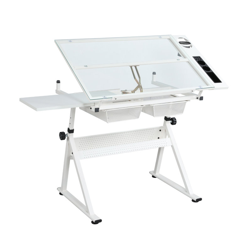 Table de dessin et d'impression réglable en verre trempé blanc avec chaise, Blanc