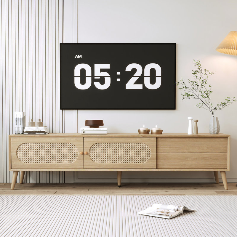Meuble télé pour salon, compatible avec les téléviseurs de 70 à 79 pouces, pieds en bois massif, style décoratif avec rangement.