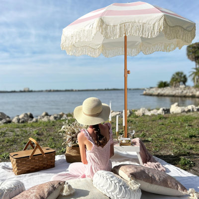 6.5 Ft Boho Fringe Patio Umbrella, UPF50+ Outdoor Picnic Umbrella with Tassels, Steel Pole and Push Button Tilt