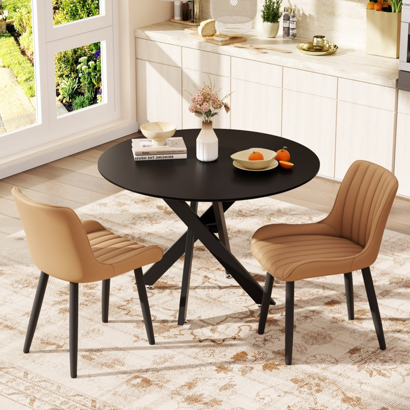 Ensemble de table de salle à manger ronde en panneau de fibres à densité moyenne, table de 35/47 po avec base industrielle croisée et chaises en cuir synthétique 2/4/6 po pour la cuisine, la salle à manger et le salon