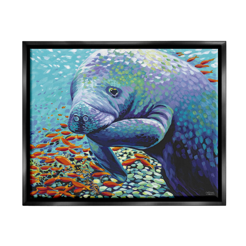 «Underwater Manatee Impressionist» par Carolee Vitaletti - peinture sur toile, Cadre flottant noir de jais