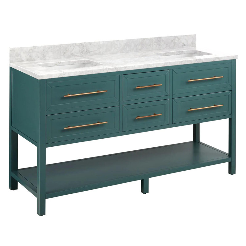 60" Robertson Double Bathroom Vanity Set with Rectangular Undermount Sinks, Black, No Drillings, Carrara Marble