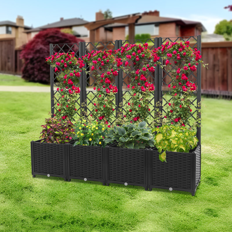 4PCS Plastic Plant Boxes With Trellis, Black