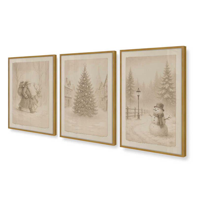 Voyage de Noël, ensemble de 3 reproductions d'art, Or poli, H 25,5 po x l 58,5 po