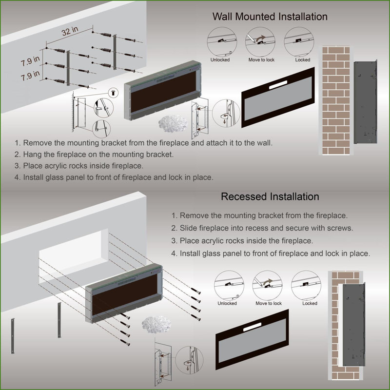 Electric Fireplace 50'' Smart WiFi-Enabled, Wall-Mounted/In-Wall Recessed | Tempered Glass+Sheet Metal | Vent Free