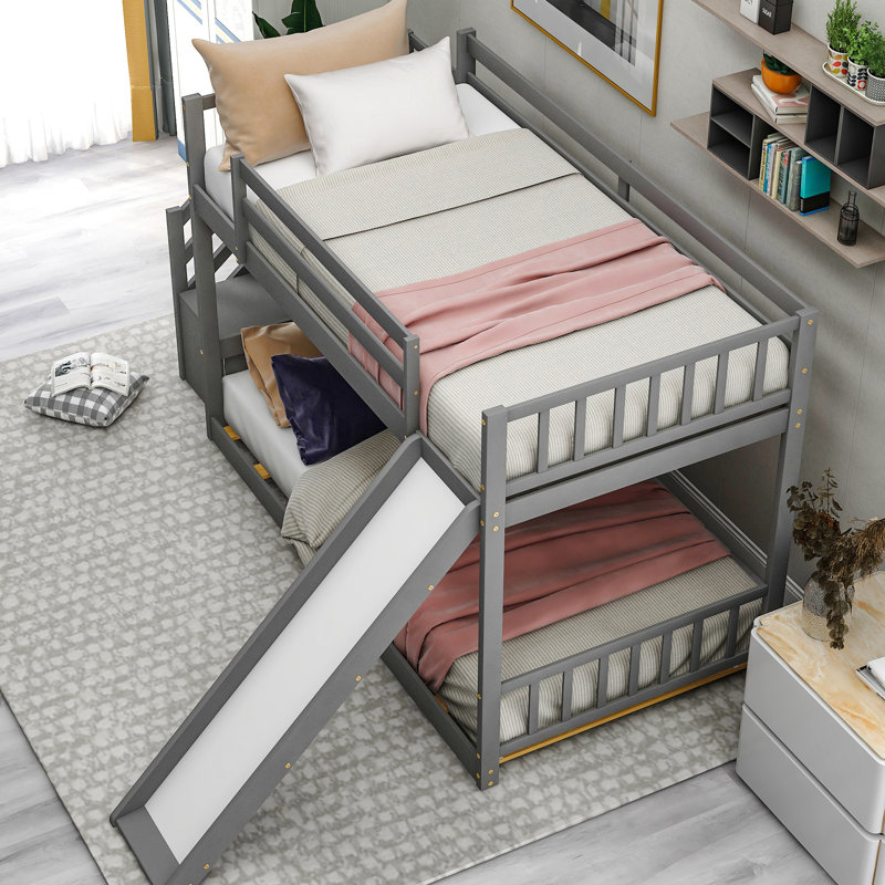Twin Over Bunk Bed With Slide In Gray - Long-Lasting Pine And Structure, Space For ' Bedroom Stairway Space Saving Option