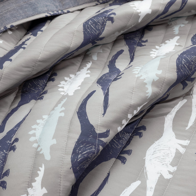 Navy and Gray Dinosaur Reversible Twin Microfiber Quilt Set
