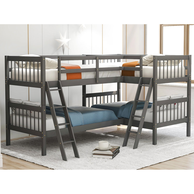 Lit superposé en forme de L, taille simple - gris. Cadre en bois massif. Fonctionnalité polyvalente. Convient à un décor de chambre à coucher classique. Aucune boîte à ressorts nécessaire. Sécuritaire pour la famille. Dimensions de 76 po x 39 po. Capacité de poids de 175 lb / 275 lb