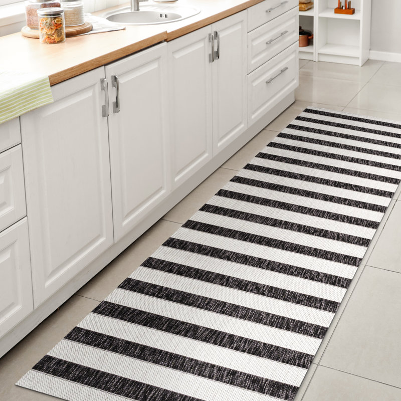 Aveiro Wide Stripe Black/Cream Indoor/Outdoor Rug, Runner 2'2" x 8'