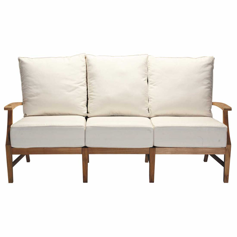 Croquet 75.75" Wide Outdoor Teak Patio Sofa with Cushions, Natural Teak, No Welt, Bali Pearl