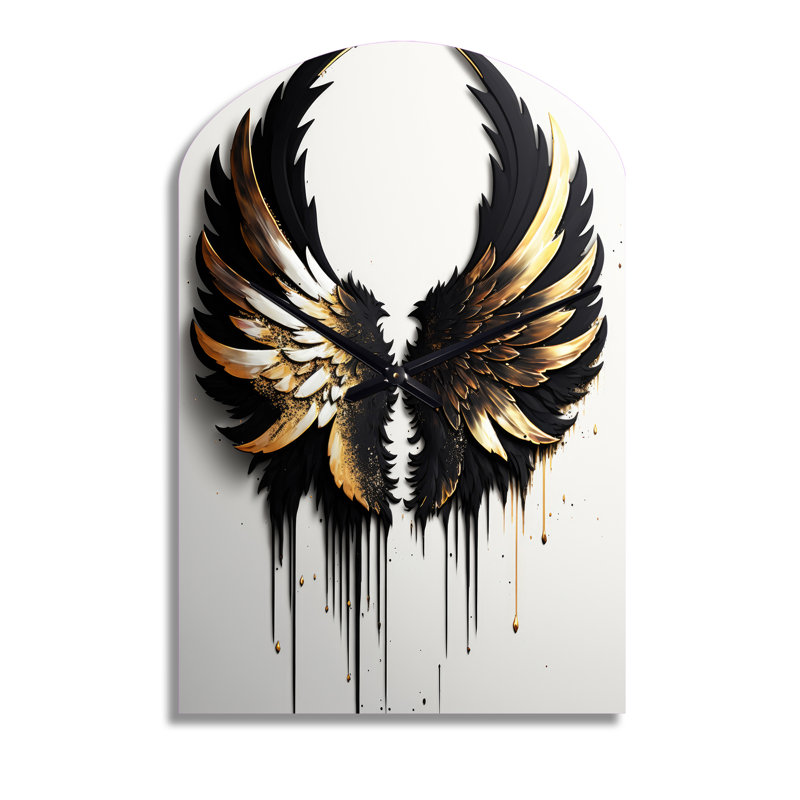 Horloge murale en métal noir, argent et or avec ailes d'ange III, Grand