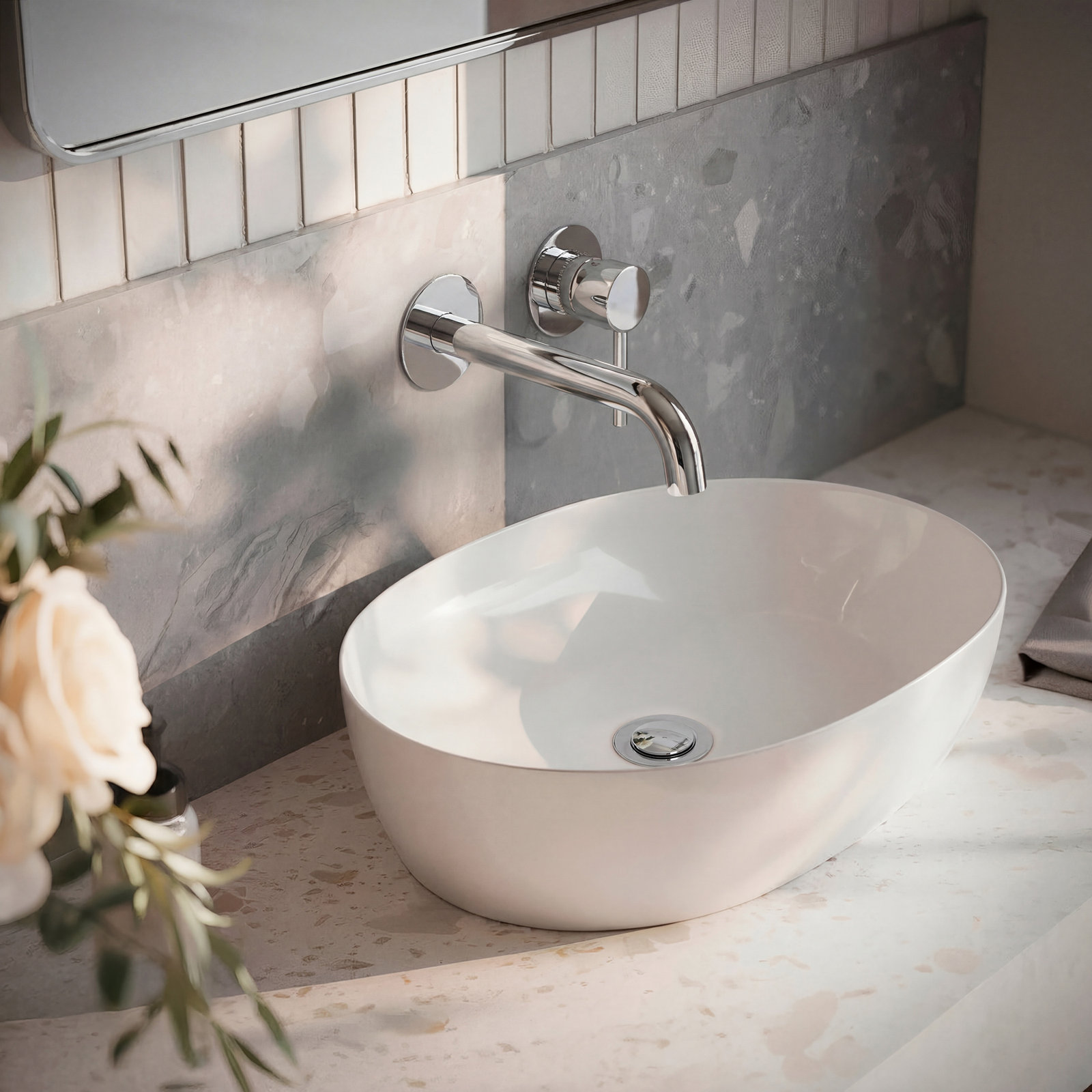 Wall-Mounted Bathroom Faucet with Drain, Chrome