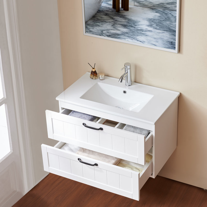 Rangement mural simple 31,5 "pour salle de bain flottante avec lavabo, 2 très grands tiroirs à fermeture en douceur, garniture décorative, structure en bois massif