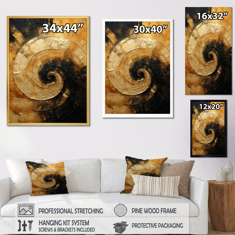 «Gold Black Desert Mirage Spiral», reproduction sur toile, H 44 po x l 34 po, Cadre flottant doré