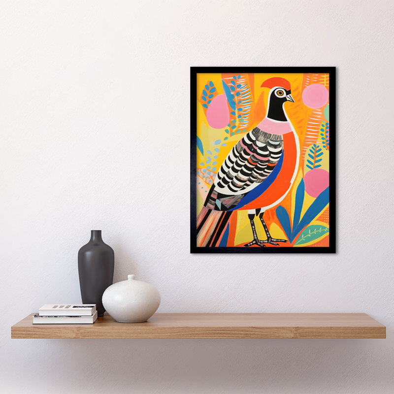 Pleasant Pheasant Bright Bold Grassland Painting Folk 1 Piece Single Picture Frame Wall Art
