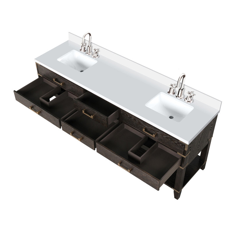 Ensemble de meuble-lavabo double l 80 po x P 22 po, comptoir en quartz blanc et robinet, Chêne brun
