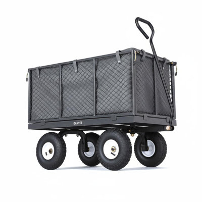 800LBS Gray Heavy Duty Steel Garden Wagon Cart with waterproof liner Metal Yard Utility Cart with Removable Mesh Sides 10 Inch All Terrain Wheels 180° Swivel Pull Handle Outdoor Utility Wagon