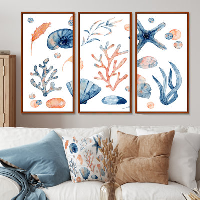 Coquillages bleus et roses sur fond blanc - ensemble d'art mural encadré nautique et côtier sur 3