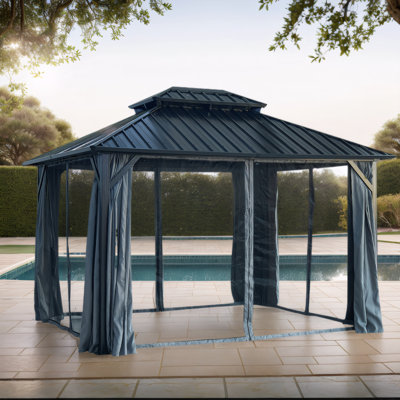 Pavillon de jardin à toit rigide avec double toit en acier galvanisé, structure en aluminium robuste, rideaux et filet pour patio, pelouse et jardin