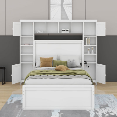Lit double en bois avec armoire tout-en-un, tablettes, prises et lit gigogne