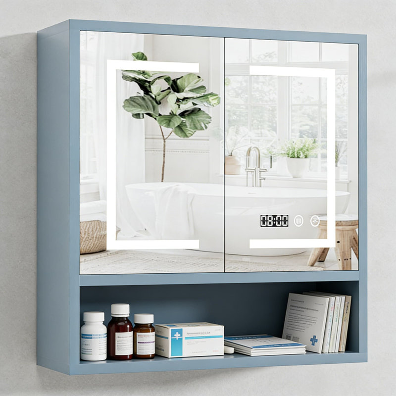 Armoire à pharmacie lumineuse à DEL avec miroir et désembueur, rangement mural avec tablette réglable et portes pour la salle de bain, la salle de lavage ou le salon